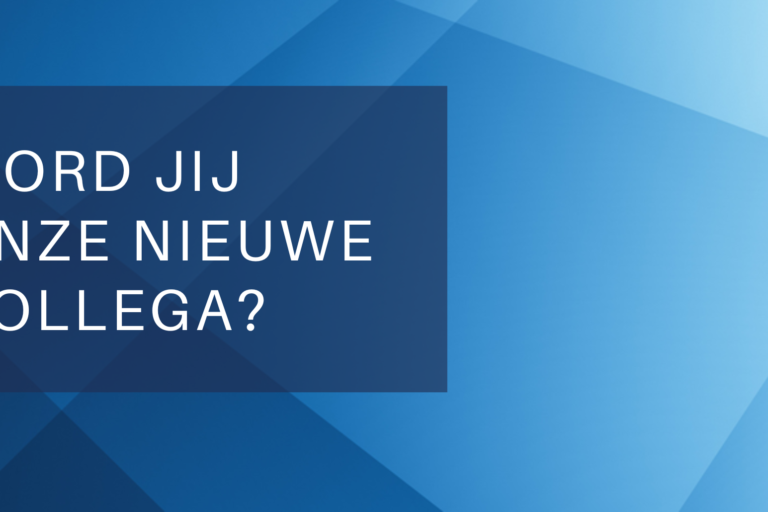 Blauwe afbeelding met tekst 'Word jij onze nieuwe collega?'