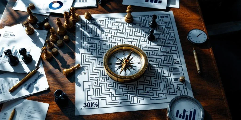 Bestuursruimte tafel met strategische documenten, draaiend kompas, omgevallen schaakstukken en doolhof blauwdruk