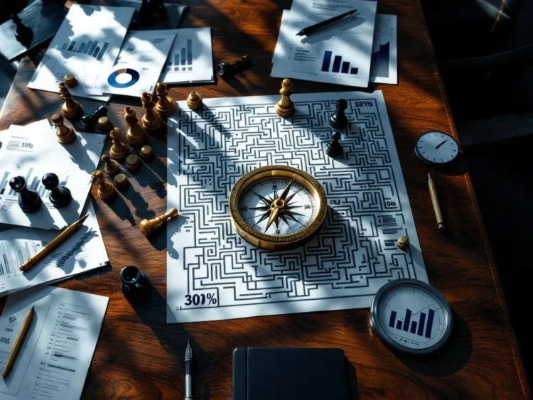 Bestuursruimte tafel met strategische documenten, draaiend kompas, omgevallen schaakstukken en doolhof blauwdruk