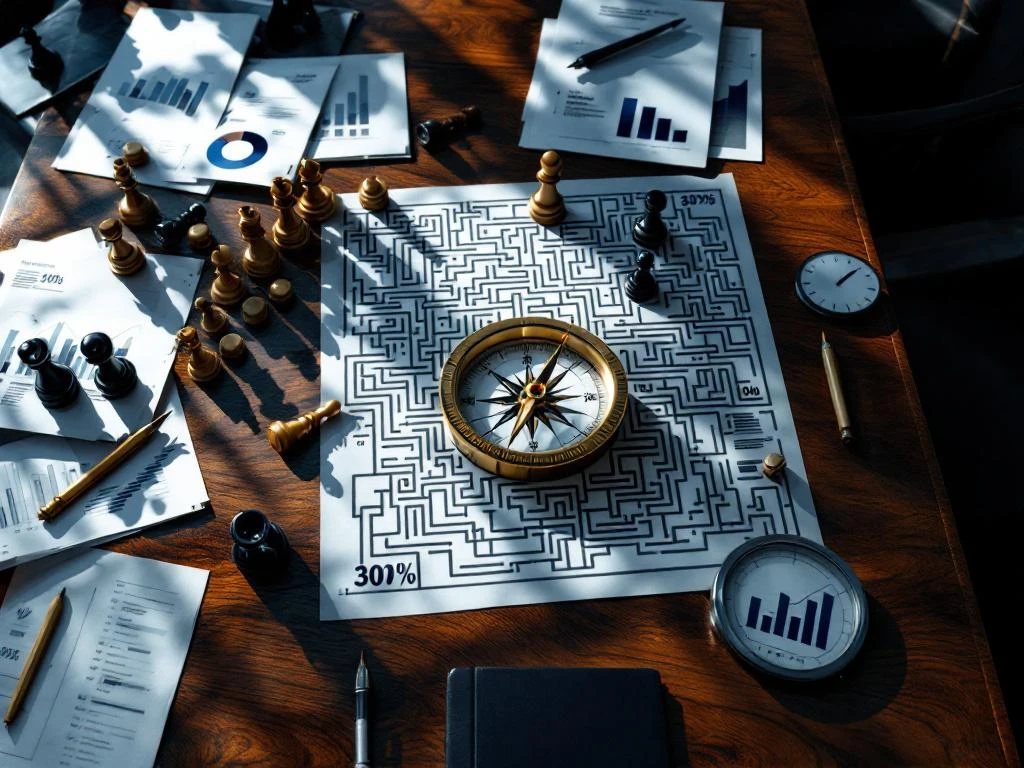 Bestuursruimte tafel met strategische documenten, draaiend kompas, omgevallen schaakstukken en doolhof blauwdruk