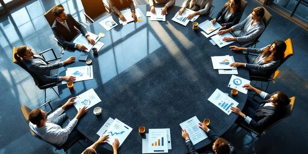 change-management-boardroom-collaboration-strategy.jpg Luchtfoto van moderne bestuurskamer met ronde vergadertafel waar handen samenkomen boven strategische documenten