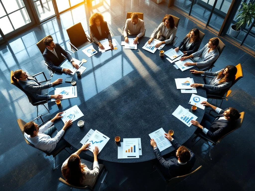 Luchtfoto van moderne bestuurskamer met ronde vergadertafel waar handen samenkomen boven strategische documenten