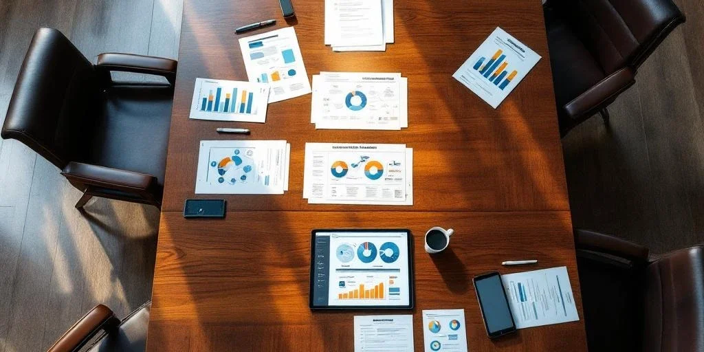 Luchtfoto van moderne bestuurskamer met vergadertafel, strategiedocumenten en kleurrijke datavisualisaties