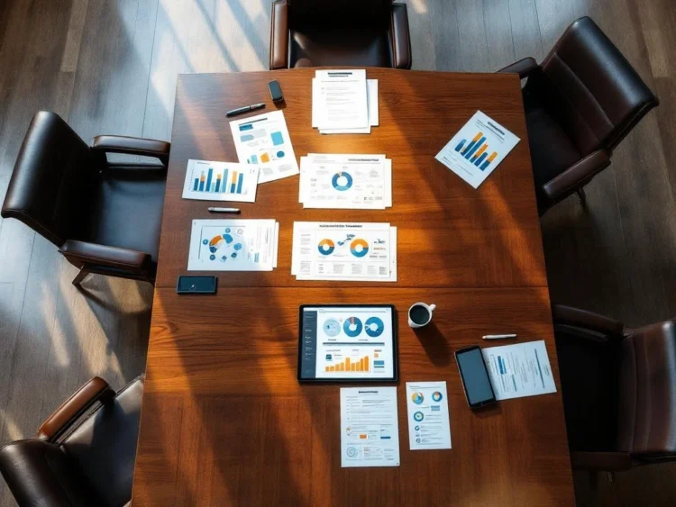 Luchtfoto van moderne bestuurskamer met vergadertafel, strategiedocumenten en kleurrijke datavisualisaties