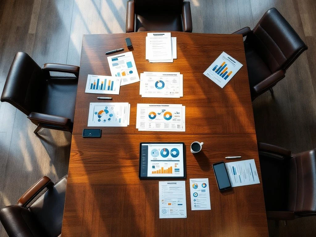 Luchtfoto van moderne bestuurskamer met vergadertafel, strategiedocumenten en kleurrijke datavisualisaties