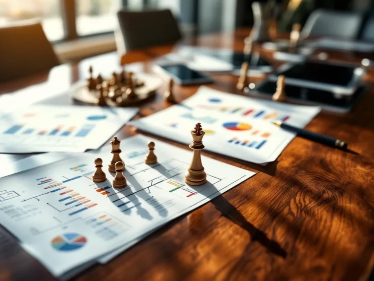 Schaakstukken op bestuurstafel met strategische planningsdocumenten en organisatieschema's in moderne vergaderruimte