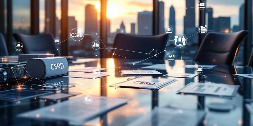 Moderne glazen vergadertafel met CSRD-documenten en holografische Europese bedrijfslogo's in stijlvolle boardroom