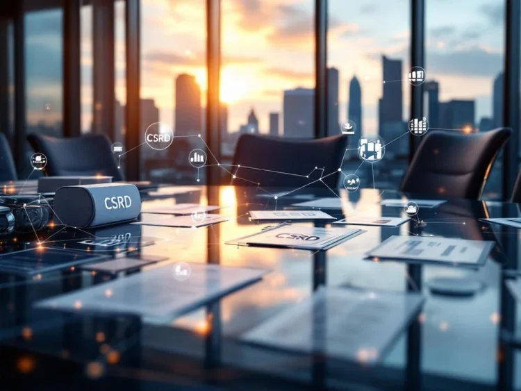 Moderne glazen vergadertafel met CSRD-documenten en holografische Europese bedrijfslogo's in stijlvolle boardroom