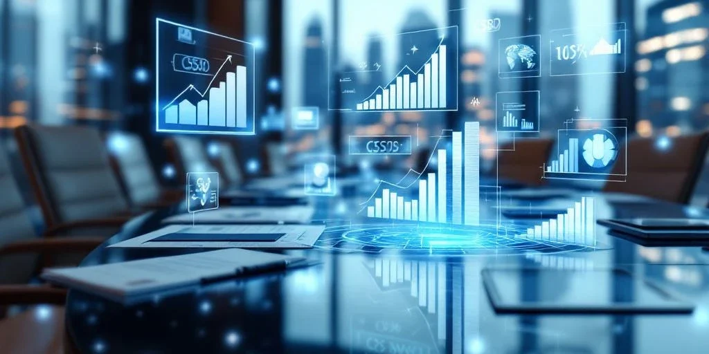 Moderne bestuurskamer met holografische CSRD-compliance grafieken boven glazen vergadertafel, duurzaamheidsrapporten op tablets