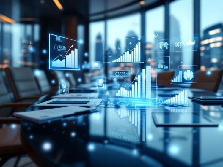 Moderne bestuurskamer met holografische CSRD-compliance grafieken boven glazen vergadertafel, duurzaamheidsrapporten op tablets