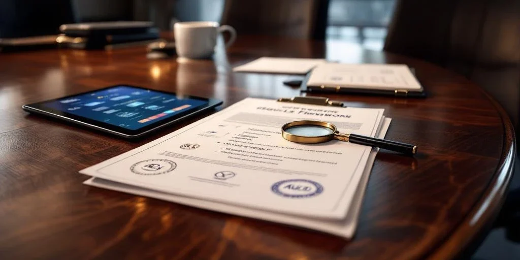 CSRD-nalevingsdocumenten op vergadertafel met vergrootglas, tablet en Europese regelgevingssymbolen in professionele boardroom