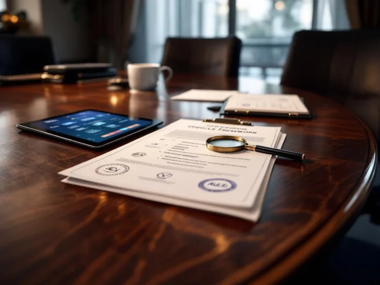 CSRD-nalevingsdocumenten op vergadertafel met vergrootglas, tablet en Europese regelgevingssymbolen in professionele boardroom