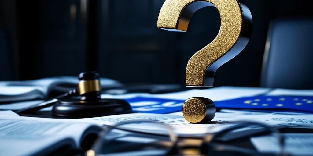 Groot metalen vraagteken boven EU-documenten en juridische papieren op bestuurstafel met hamer en bril