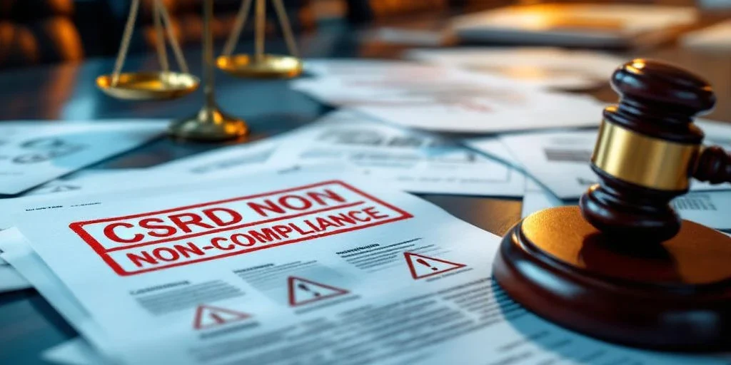 Bestuurskamertafel met juridische documenten gestempeld "CSRD NON-COMPLIANCE", hamer en weegschaal in dramatisch licht