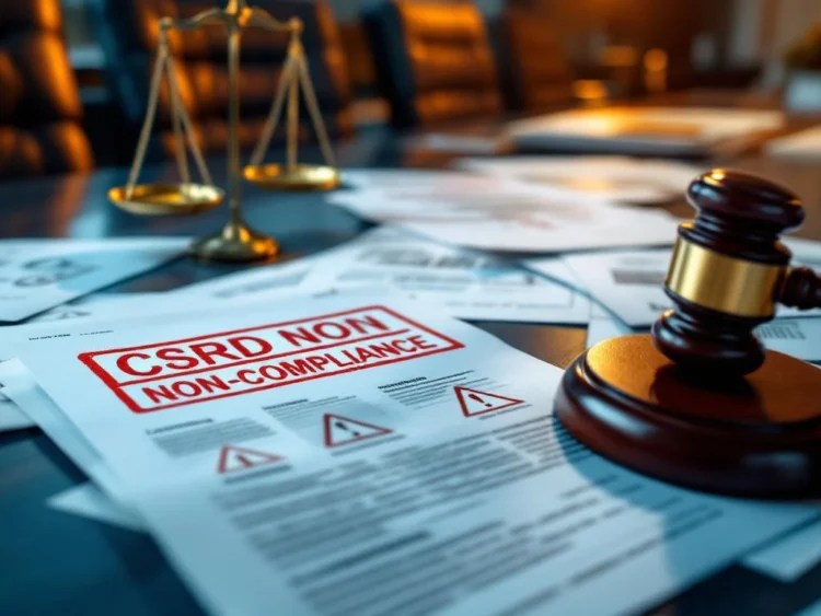 Bestuurskamertafel met juridische documenten gestempeld "CSRD NON-COMPLIANCE", hamer en weegschaal in dramatisch licht