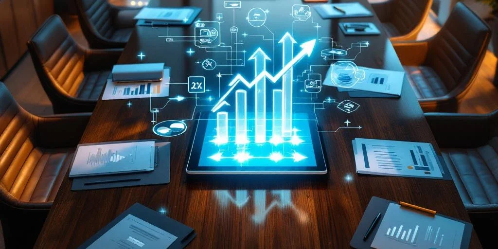 strategic-boardroom-aerial-view-corporate-planning.jpg Moderne bestuurskamer met mahonie tafel, strategische documenten, holografische projectie en groeigrafieken