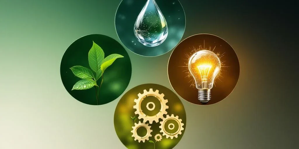 Vier cirkelvormige duurzaamheidspictogrammen in ruitpatroon: groen blad, waterdruppel, tandwielen en gloeilamp met planten