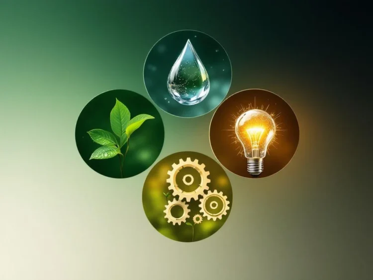 Vier cirkelvormige duurzaamheidspictogrammen in ruitpatroon: groen blad, waterdruppel, tandwielen en gloeilamp met planten