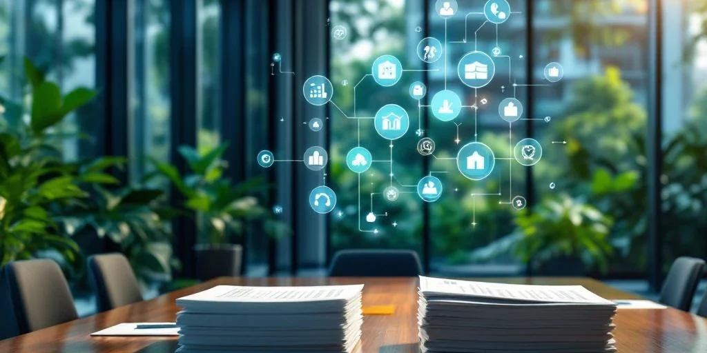 Moderne glazen kantoorgebouw met ESG-rapporten op houten vergadertafel en holografische duurzaamheidspictogrammen