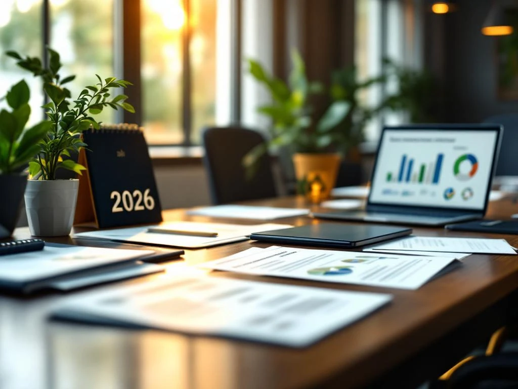 Elegante vergadertafel met 2026 duurzaamheidsrapporten, laptop met compliance grafieken en groene planten