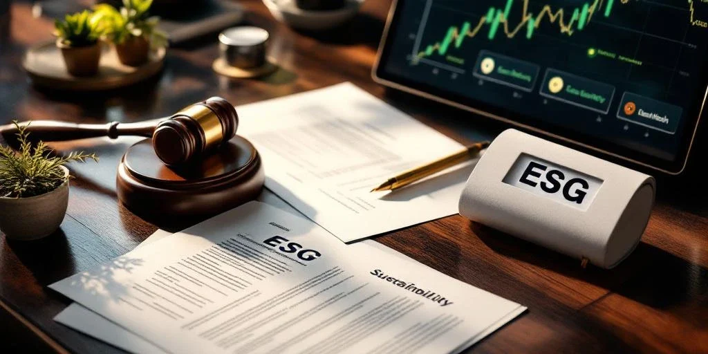 Bestuurskamer met duurzaamheidsrapporten, ESG-documenten, hamer en tablet met groene certificeringssymbolen op tafel