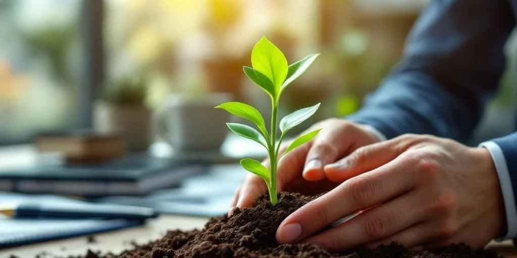 Handen koesteren groene plantspruit in aarde op modern kantoor, symbool voor duurzame groei en werkplektransformatie
