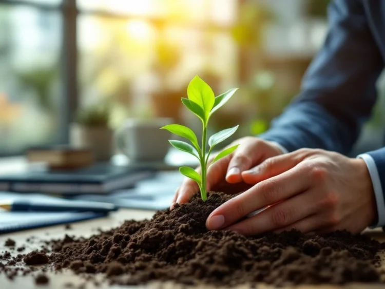 Handen koesteren groene plantspruit in aarde op modern kantoor, symbool voor duurzame groei en werkplektransformatie