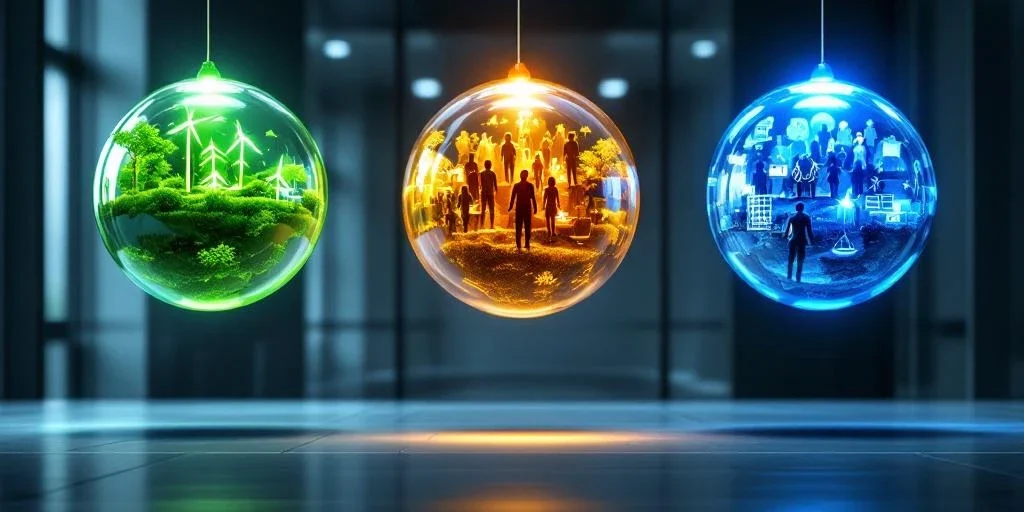 Drie onderling verbonden bollen die ESG-factoren voorstellen: groene energie, sociale diversiteit en governance in zakelijke omgeving