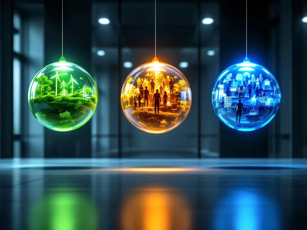 Drie onderling verbonden bollen die ESG-factoren voorstellen: groene energie, sociale diversiteit en governance in zakelijke omgeving