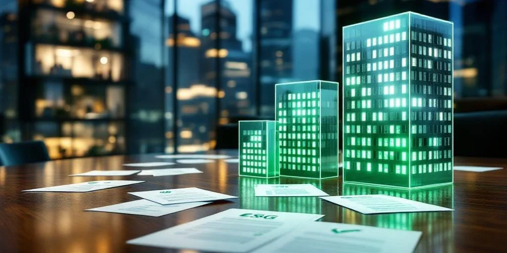 Modern glazen kantoorgebouw met verlichte ramen en houten vergadertafel met ESG-documenten en groene compliance symbolen