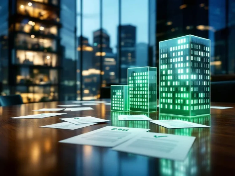 Modern glazen kantoorgebouw met verlichte ramen en houten vergadertafel met ESG-documenten en groene compliance symbolen
