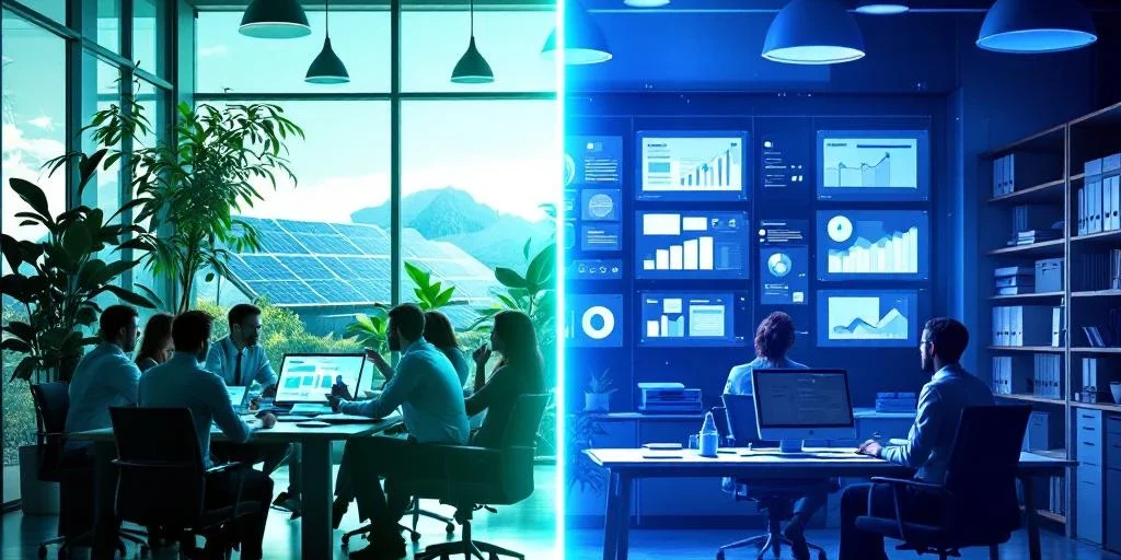 Splitscreen vergelijking van ESG-boardroom met planten en duurzame elementen versus gestructureerd CSRD-compliance kantoor