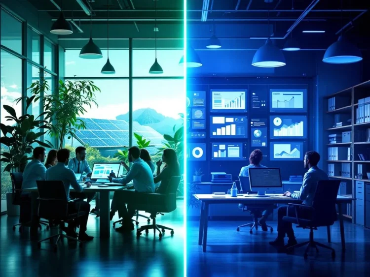 Splitscreen vergelijking van ESG-boardroom met planten en duurzame elementen versus gestructureerd CSRD-compliance kantoor