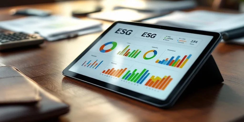 Tablet met kleurrijke ESG-dashboard en duurzaamheidsrapporten op bestuurskamertafel voor strategisch management