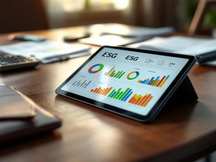 Tablet met kleurrijke ESG-dashboard en duurzaamheidsrapporten op bestuurskamertafel voor strategisch management