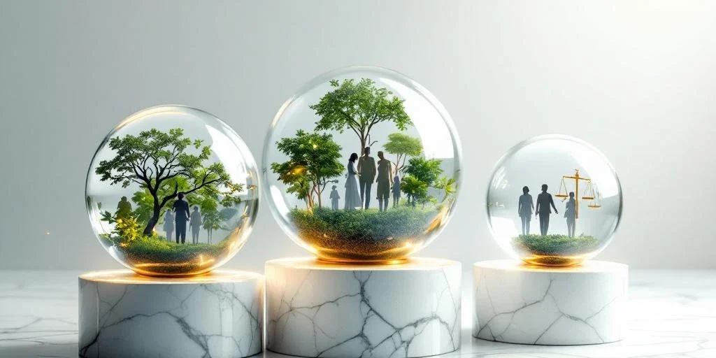 Drie glazen bollen boven marmeren oppervlak met groene bladeren, diverse mensen en gouden weegschaal voor ESG-concepten