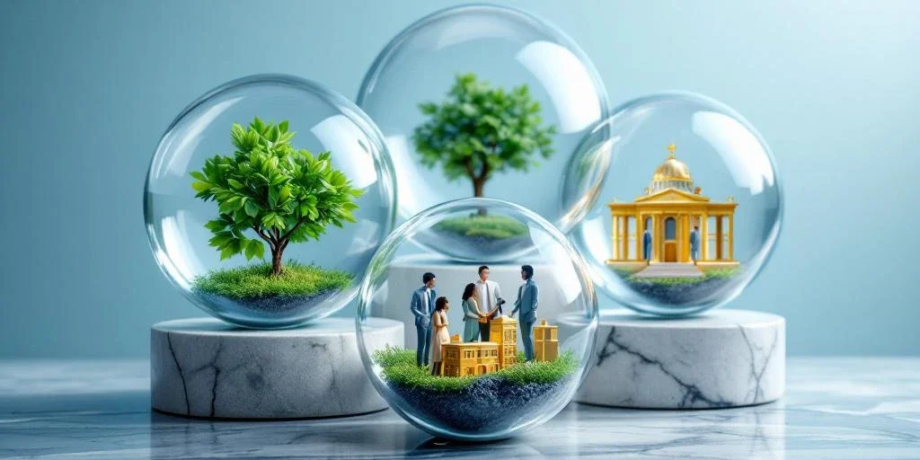 Drie glazen bollen met ESG-symbolen drijven boven marmeren oppervlak: groene planten, diverse figuren, gouden structuren