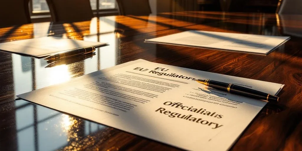 Houten vergadertafel met EU-regelgevingsdocumenten en vulpen, verlicht door zonlicht door grote ramen