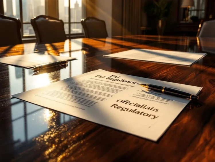 Houten vergadertafel met EU-regelgevingsdocumenten en vulpen, verlicht door zonlicht door grote ramen