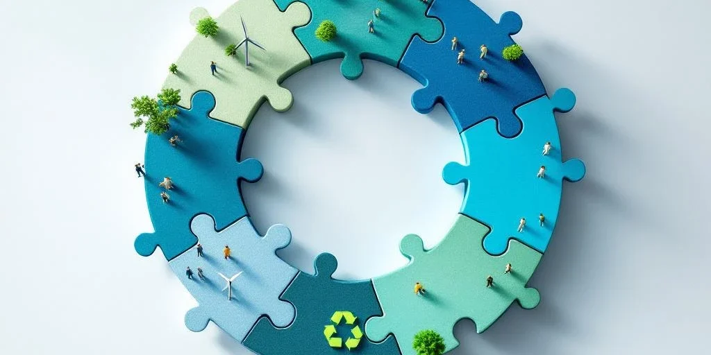 Luchtfoto van puzzelstukken in cirkel met CSR-activiteiten: windturbines, vrijwilligers, recycling en handdruk in blauw-groen