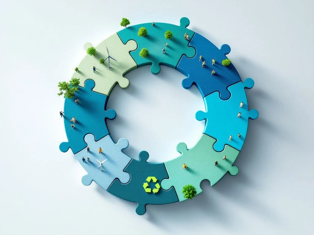 Luchtfoto van puzzelstukken in cirkel met CSR-activiteiten: windturbines, vrijwilligers, recycling en handdruk in blauw-groen