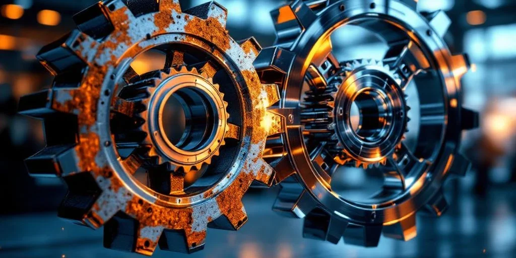 organisatie-transformatie-tandwielen-verandering.jpg Tandwielen transformeren van roestig metaal naar glanzend chroom in moderne boardroom, symboliseert organisatieverandering