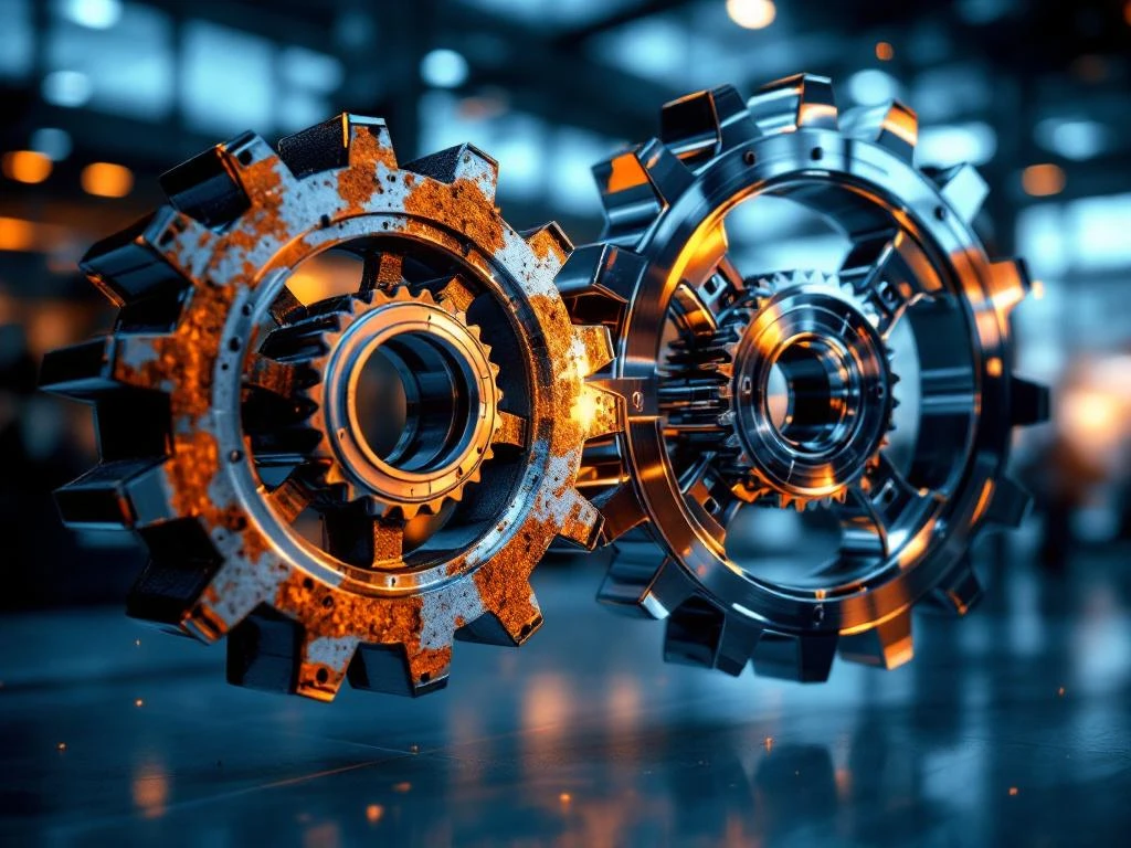 Tandwielen transformeren van roestig metaal naar glanzend chroom in moderne boardroom, symboliseert organisatieverandering