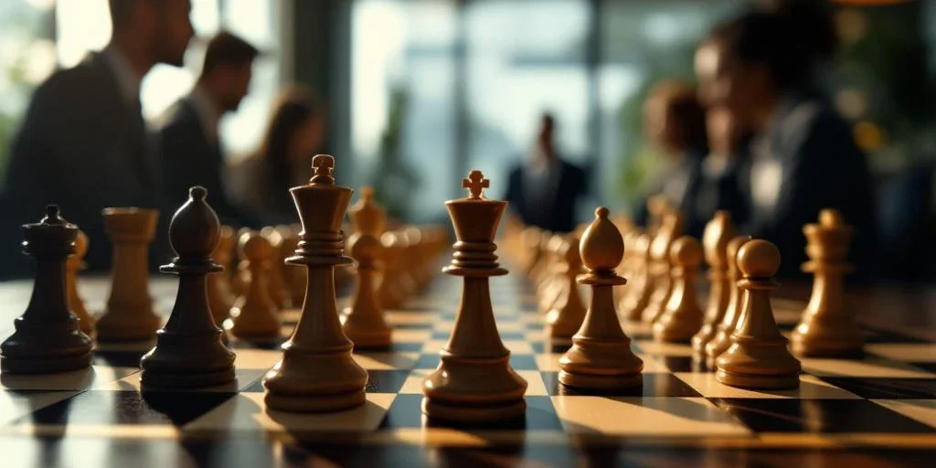 Schaakbord met houten stukken in strategisch spel, zakenmensen op achtergrond, symboliseert leiderschap en planning
