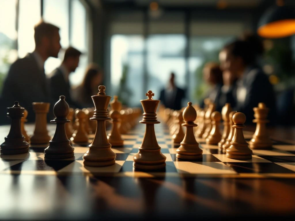 Schaakbord met houten stukken in strategisch spel, zakenmensen op achtergrond, symboliseert leiderschap en planning