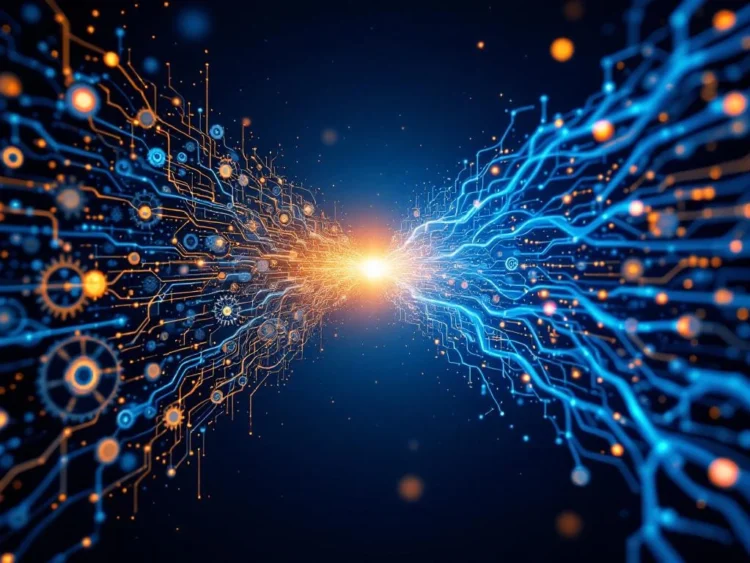 Tandwielen en mechanische onderdelen transformeren naar organische neurale paden in blauw-zilveren kleurenpalet