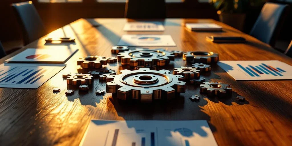 Houten bestuurstafel van bovenaf met strategische documenten, grafieken en metalen tandwielen in gouden uurtje licht