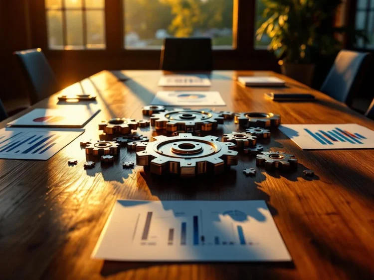 Houten bestuurstafel van bovenaf met strategische documenten, grafieken en metalen tandwielen in gouden uurtje licht