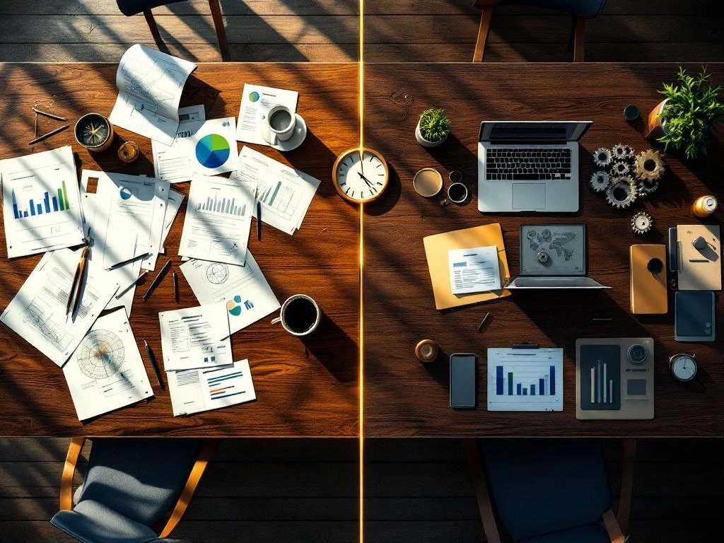 Bovenaanzicht van twee houten vergadertafels: links strategische planningsdocumenten, rechts implementatietools en laptops