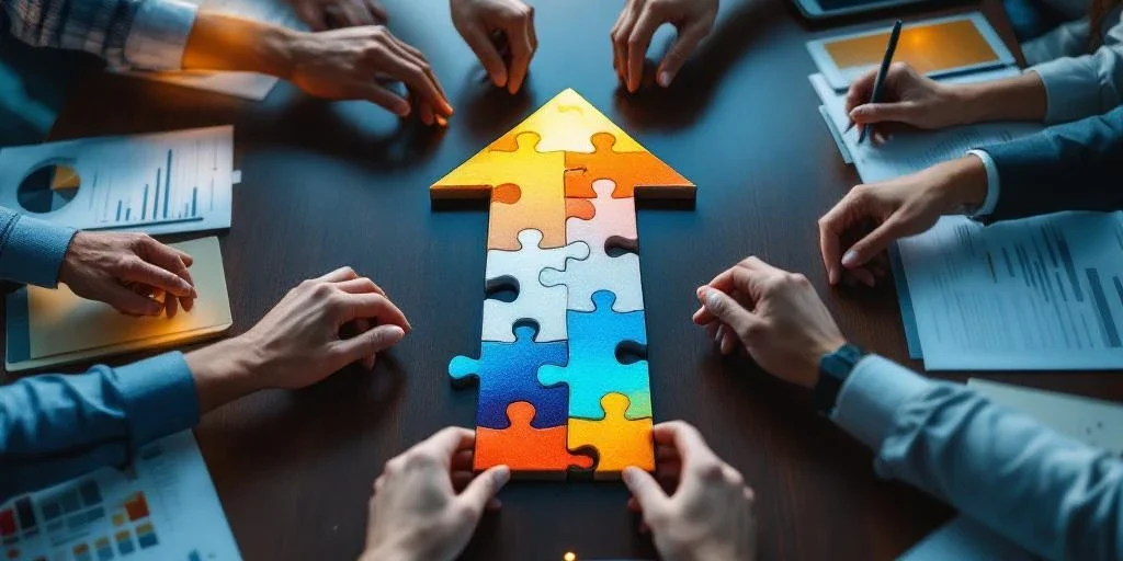 Diverse handen plaatsen kleurrijke puzzelstukken die een pijl naar boven vormen op moderne bestuurskamertafel